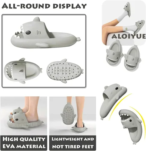 Vista 2 de Sandalias de tiburón para verano, lindas pantuflas de tiburón de dibujos animados para mujeres y hombres, antideslizantes, puntera abierta, suela