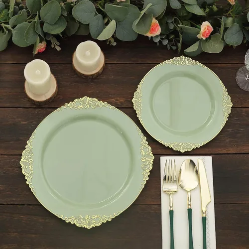 Vista 4 de Tableclothsfactory Paquete de 10 platos redondos de plástico barroco verde salvia/dorado de 8 pulgadas para ensalada de postre, vajilla desechable
