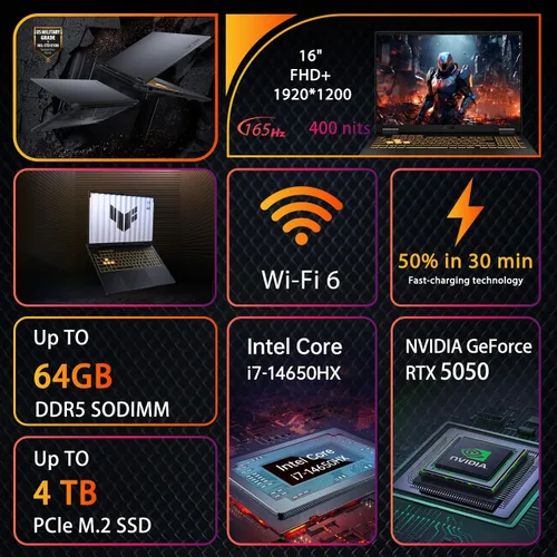 Vista 5 de ASUS TUF F16 RTX 5050 - Portátil para juegos listo para VR, 16 pulgadas FHD+(1920x1200) 165Hz, Intel i7-14650HX, NVIDIA RTX 5050, 16GB DDR5, SSD