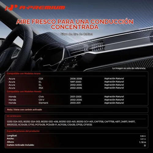Vista 2 de A-Premium Filtro de aire de cabina de 2 piezas con carbón activado compatible con modelos Honda y Acura: Civic (01-05), CR-V (02-06), Element