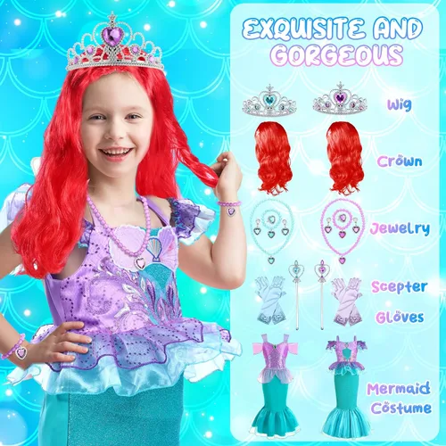 Vista 7 de Disfraz de sirena de princesa de 2 piezas, vestido de fiesta de carnaval, Halloween, cumpleaños, vestido con accesorios