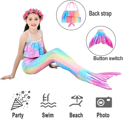 Vista 2 de Traje de baño para niñas con colas de sirena para nadar, traje de baño de princesa con guirnalda