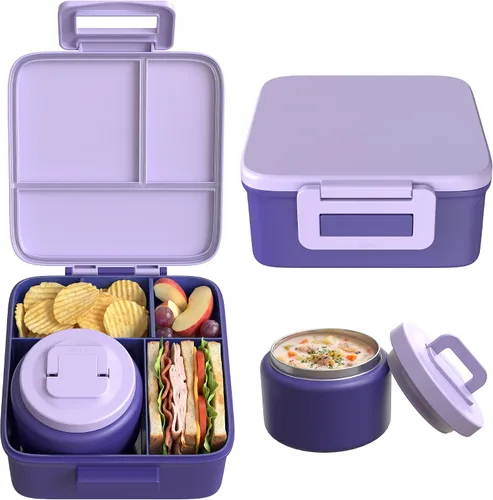 Vista 8 de MAISON HUIS Lonchera Bento con termo de sopa de 8 onzas y bolsa de almuerzo aislada, recipientes de comida a prueba de fugas para niños con 5