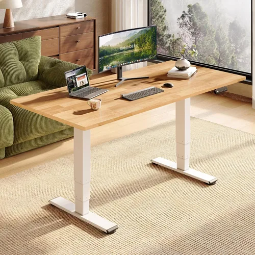 Vista 17 de SANODESK Escritorio de pie de madera maciza de caucho con motor dual 48"x24 Mesa natural + marco blanco