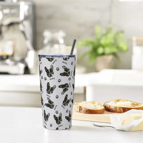 Vista 6 de Vaso personalizado de acero inoxidable para fotos de mascotas con cara de perro, 20 onzas con tapa y popote para viajes, regalo para amantes