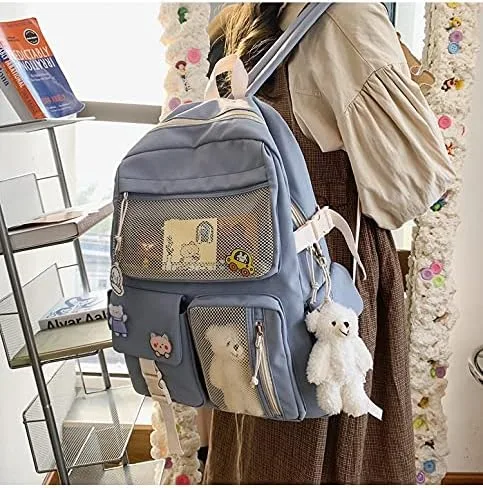 Vista 5 de Mochila Kawaii para niñas con bonitos accesorios de alfiler, colgante de felpa, mochila estética universitaria Kawaii, Azul (Blue BackPack), Classic