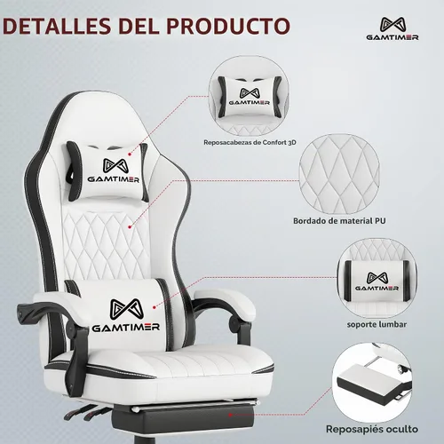 Vista 4 de Gamtimer Silla Gaming con Reposapiés, Silla Ergonómica para Computadora, Material Transpirable de PU con Reposacabezas y Soporte Lumbar, Adecuada