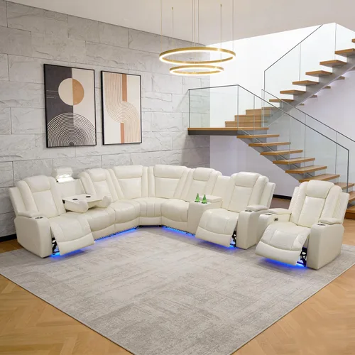 Vista 42 de Juego de sofá modular reclinable eléctrico para sala de estar, juego de sofá reclinable de cuero con luces LED / almacenamiento oculto, sofá