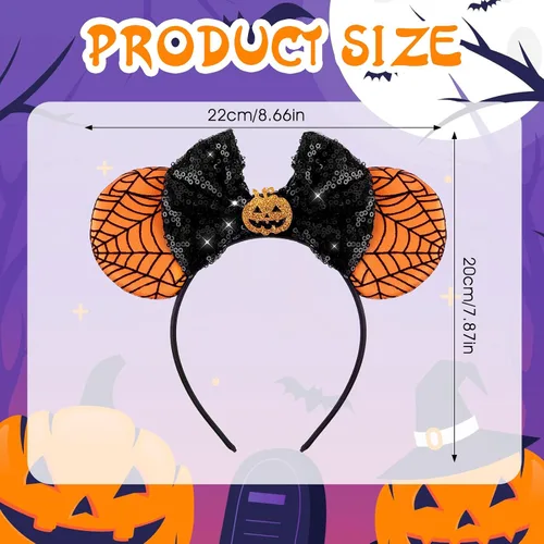 Vista 2 de TIESOME Diadema de orejas de ratón de calabaza de Halloween con lazo de lentejuelas, diadema espeluznante de calabaza, decoración de fiesta