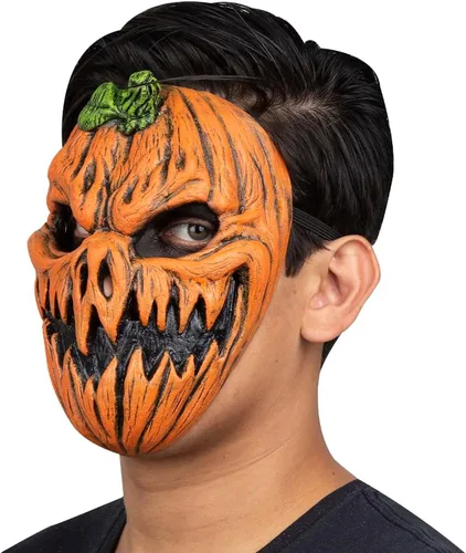Vista 5 de Máscara de calabaza embrujada de Ghoulish Prodcutions. Máscara de calabaza naranja. Máscara de látex de calabaza aterradora. Máscara de látex