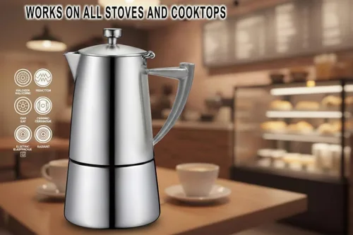 Vista 9 de CUISINOX Roma - Máquina de café expreso de acero inoxidable satinado para estufa, 6 tazas