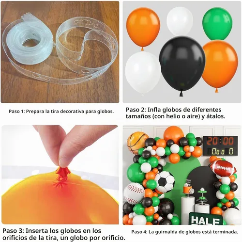 Vista 3 de Guirnalda de arco de globos deportivos, kit de guirnalda de globos con tema de bolas, globos blancos, verdes, negros y naranjas, globos de aluminio