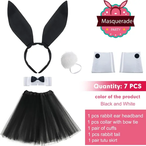 Vista 2 de Conjunto de accesorios de conejo para mujer diadema de orejas de conejo puños corbatín cola de conejo para Halloween Navidad