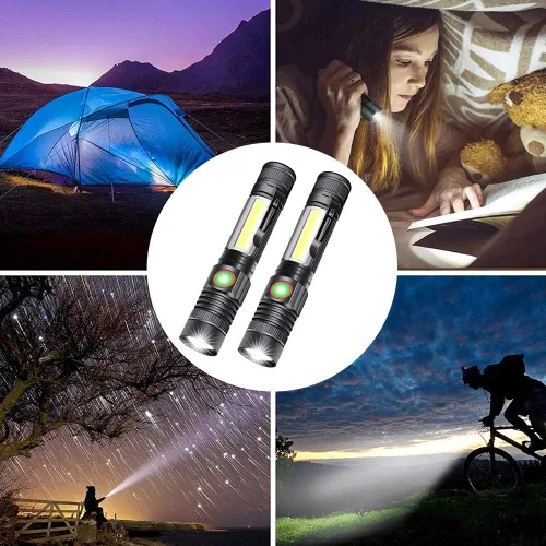 Vista 7 de Linterna magnética LED recargable, súper brillante con luz de trabajo COB, impermeable, 4 modos, linternas tácticas de bolsillo para acampar al aire