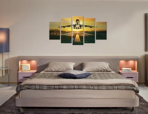 Vista 3 de VVOVV Wall Decor 5 piezas de arte de pared en lienzo de avión, hermoso paisaje nocturno de aeropuerto, imagen de decoración de avión, enmarcado