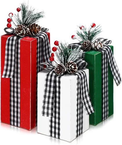 Vista 9 de 3 piezas de caja de regalos de madera de Navidad, decoración de centros de mesa de regalos a cuadros navideños, decoración de bandeja escalonada