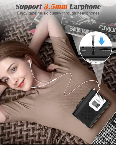 Vista 6 de Grabadora de casete portátil - Reproductor de cinta de casete con radio AM FM - Reproductor de cinta compacto con auriculares de 0.138 in
