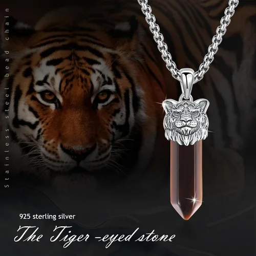 Vista 4 de Collar de tigre de plata de ley 925 para hombre, collar de ojo de tigre, cristal de ojo de tigre, joyería para niños, mujeres y hombres, Plata