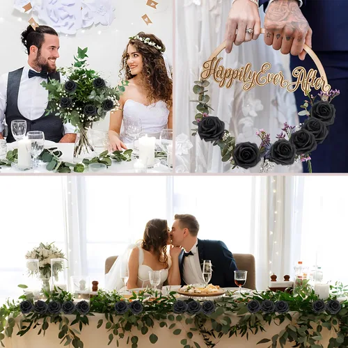 Vista 3 de 25 rosas realistas negras, flores artificiales de espuma de látex con tallos flexibles y 8 hojas para decoración de bodas, hogar y fiestas Negro
