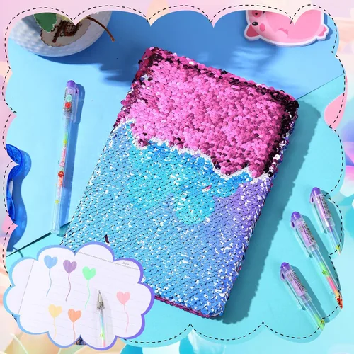 Vista 6 de Outus Juego de diario de lentejuelas para niñas con 4 bolígrafos de tinta de gel de color, diario reversible, cuaderno de lentejuelas con purpurina