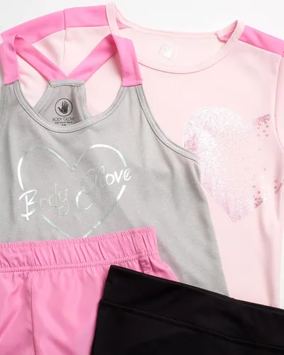 Vista 2 de Body Glove Conjunto de pantalones cortos activos para niñas, camiseta de 4 piezas, camiseta sin mangas, pantalones cortos de bicicleta, leggings