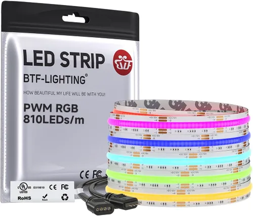 Vista 13 de BTF-LIGHTING FCOB COB - Tira de luz LED RGB con certificación UL, 810 LEDs/m de alta densidad flexible que cambia de color, DC12V 9.8 pies y 0.394