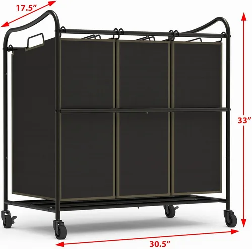 Vista 2 de Simple Houseware Carrito rodante clasificador de lavandería de 3 bolsas resistente, bronce Bolsas extraíbles y ruedas con cerradura