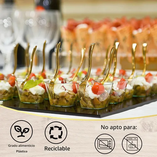 Vista 4 de 100 mini tenedores dorados de 4 pulgadas, pequeños tenedores de postre de plástico dorado, desechables, resistentes, diminutos tenedores