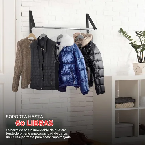 Vista 5 de Doble Perchero Plegable para Ropa con Barra Extensible, Perchero Retráctil Montado en Pared para Secador de Ropa, Barra de Secado Colgante, Pequeños