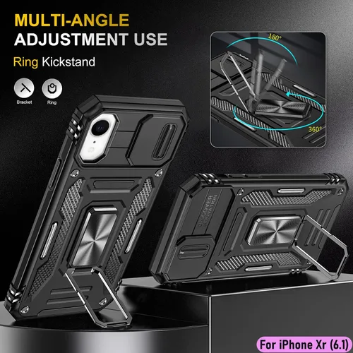 Vista 5 de Funda resistente para Apple iPhone Xr/10R, protección híbrida de goma de doble capa de grado militar con protector de cámara deslizante, soporte