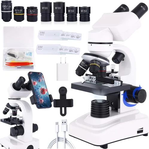 Vista 9 de Microscopio binocular 40X-2500X, oculares WF10x y WF25x, iluminación LED, con soporte para pieza de mano, para principiantes, microscopio para Negro