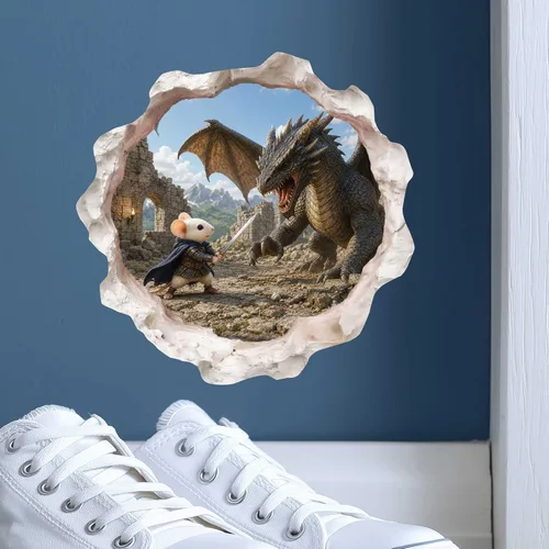 Vista 6 de Calcomanía de pared 3D con agujero de ratón de Caballero Guerrero en un agujero de ratón