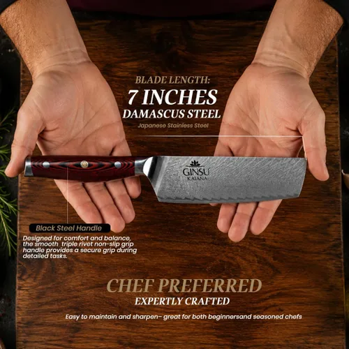 Vista 7 de Cuchillo japonés de acero inoxidable Damasco AUS-10, 7" Núcleo de acero japonés AUS-10 con acero Damasco de 67 capas para un rendimiento de corte