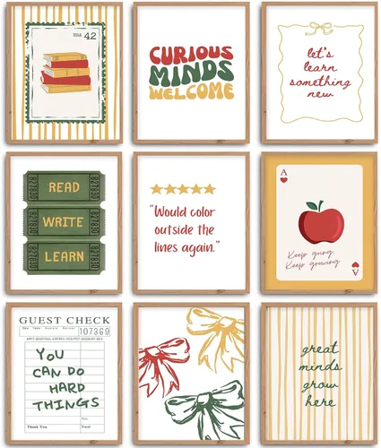 Vista 9 de 9 piezas de arte de pared con citas inspiradoras coloridas motivacionales positivas para el aula, imágenes de mentalidad de crecimiento, profesor
