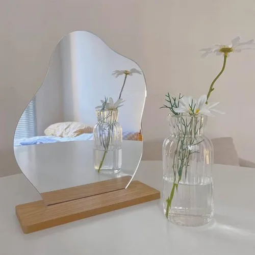 Vista 7 de Espejo de tocador estético irregular, espejo de mesa decorativo de acrílico sin marco con soporte de madera, espejo de maquillaje funky para sala