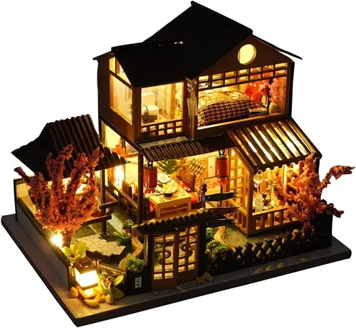 Vista 2 de Casa de muñecas de madera en miniatura japonesa/mar/mercado de casas de coches, kit de casa de muñecas, construcción de villas, modelo 3D, regalos