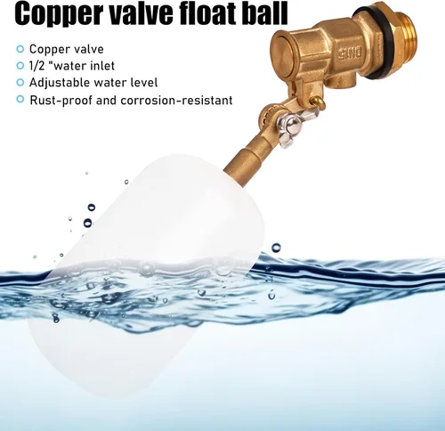 Vista 6 de Válvula de flotador de 1/2 pulgada de latón con brazo ajustable Válvula de control de nivel de agua de 60 PSI llenado y apagado automático