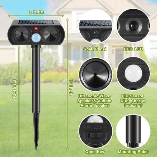 Vista 8 de Paquete de 4 repelentes ultrasónicos para gatos al aire libre para mantener a los gatos alejados, repelente solar ultrasónico de animales al aire