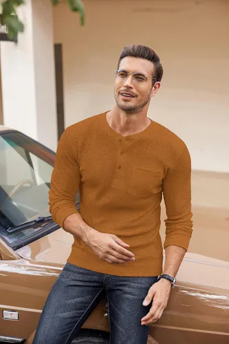 Vista 3 de COOFANDY Camisas Henley de manga larga para hombre con bolsillo