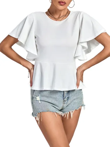 Vista 4 de LYANER Blusa elegante de manga corta con volantes y cuello redondo para mujer