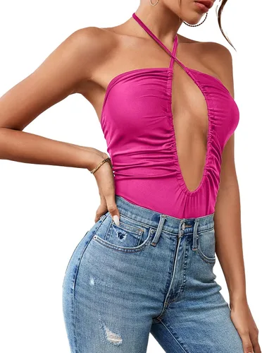 Vista 5 de LYANER Leotardo sin mangas con cuello halter cruzado para mujer