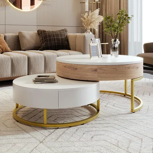 Vista 18 de Mesa de café redonda, mesa de café moderna de 31.5" con 2 cajones grandes de almacenamiento, tapa de mesa con patrón de mármol, mesa central