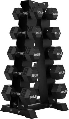 Vista 13 de HANDBODE Juego de mancuernas hexagonales recubiertas de goma con estante de marco en A, 100 libras - 600 libras, múltiples opciones