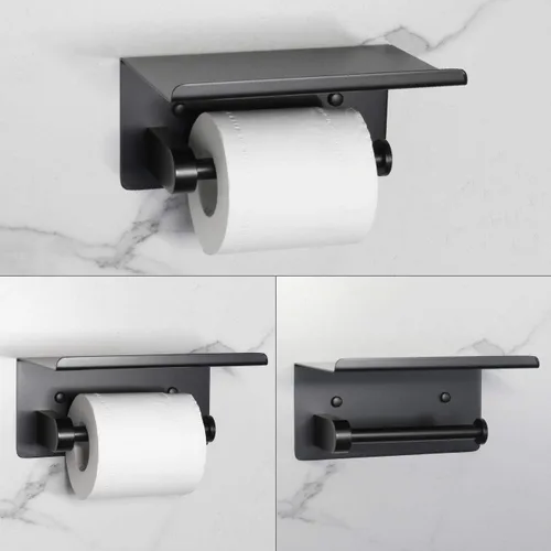 Vista 2 de Soporte de papel higiénico con estante negro mate, accesorios de baño, decoración SUS 304 de acero inoxidable moderno soporte para toallas de papel