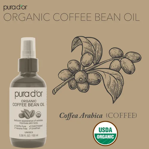 Vista 4 de PURA D'OR Aceite de grano de café orgánico de 3.38 onzas – 100% puro certificado por la USDA, humectante natural de grado premium, prensado en frío