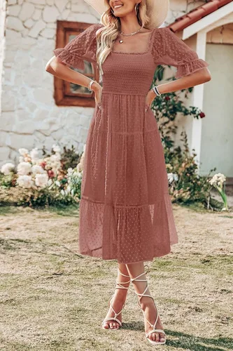 Vista 6 de MEROKEETY - Vestido de verano con lunares suizos para mujer vestido midi con cuello cuadrado, mangas abombadas, volados, lazo en la espalda