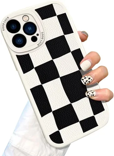 Vista 8 de Casechics Funda compatible con iPhone, diseño estético retro clásico a cuadros, tablero de ajedrez a cuadros, protección de lente de la cámara Negro