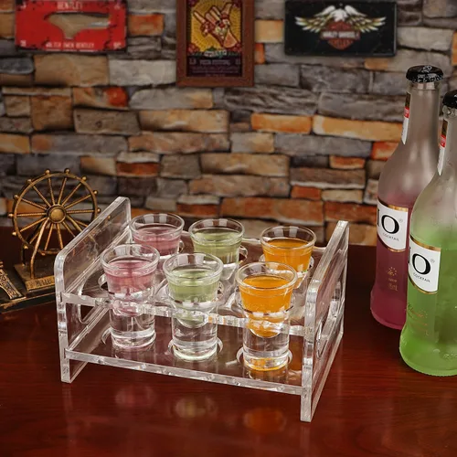 Vista 4 de D&Z Bandeja de vidrio acrílico para servir con 6 vasos de chupito transparentes de tequila de base pesada de 1 oz