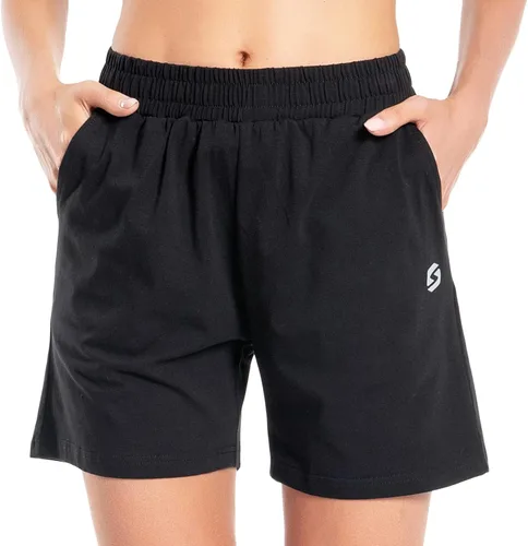 Vista 3 de Pantalones cortos de algodón para mujer de 5 pulgadas, pantalones cortos con bolsillos profundos para descansar, gimnasio, yoga, caminar, atletismo
