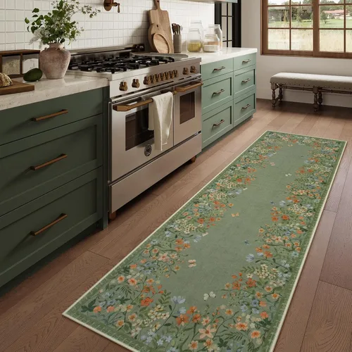 Vista 3 de Alfombras Lahome Boho Floral 2x6 para pasillos antideslizantes, alfombras de cocina verdes no deslizantes lavables, alfombra de baño de felpa